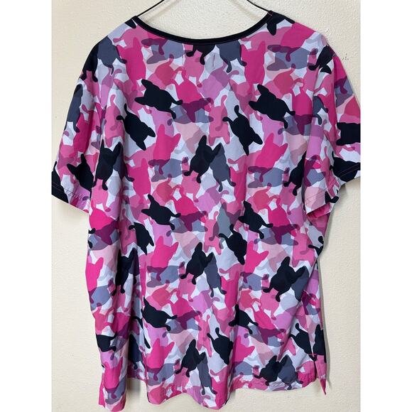 French Bull by Koi Lulu XL Dog Print Camo Frenchie Scrub Top Pink V-Neck - Picture 6 of 8